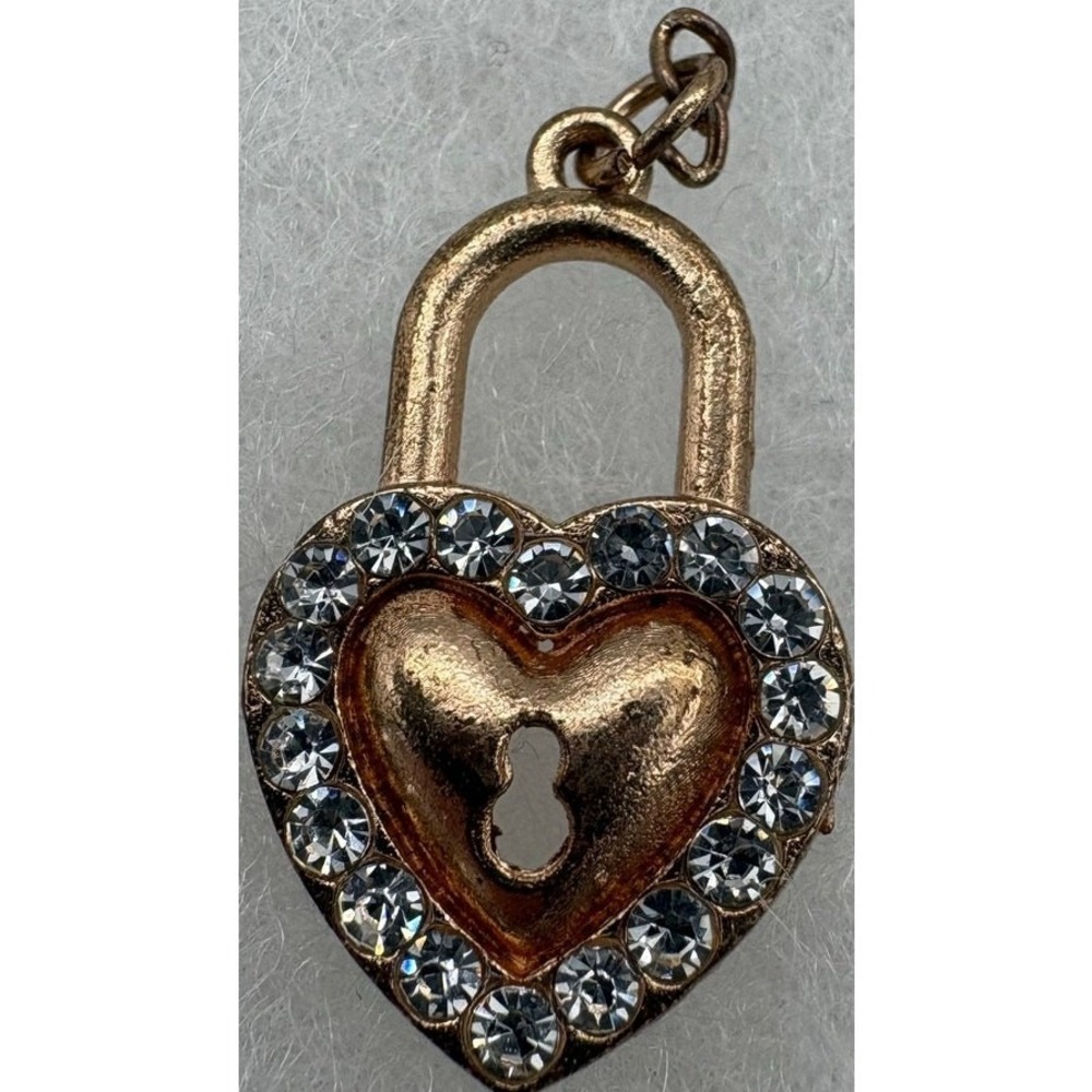 Gold Tone Rhinestone Heart Lock Pendant‎ 1" Vintage Style Charm with Jewelry Box